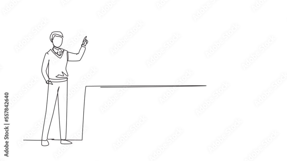 Poster animated self drawing of continuous line draw man professor standing in front of blackboard teaching