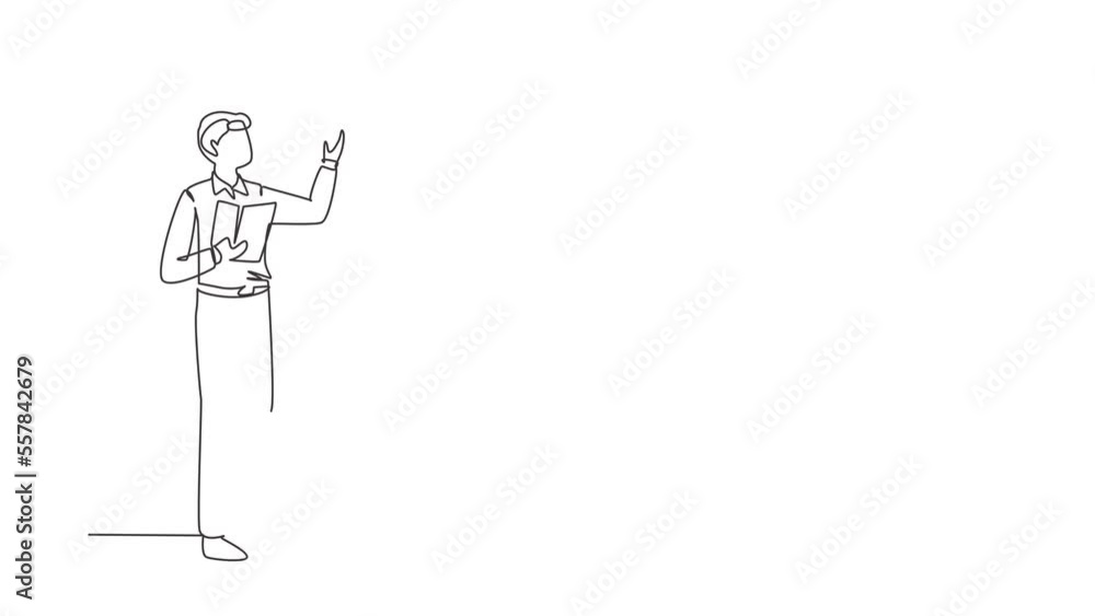 Aufkleber animated self drawing of continuous line draw man teacher, professor standing in front of classroom 