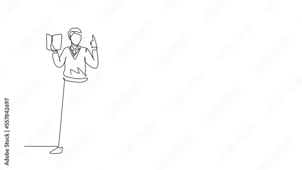Poster animated self drawing of continuous one line draw young man professor standing in front of class wit