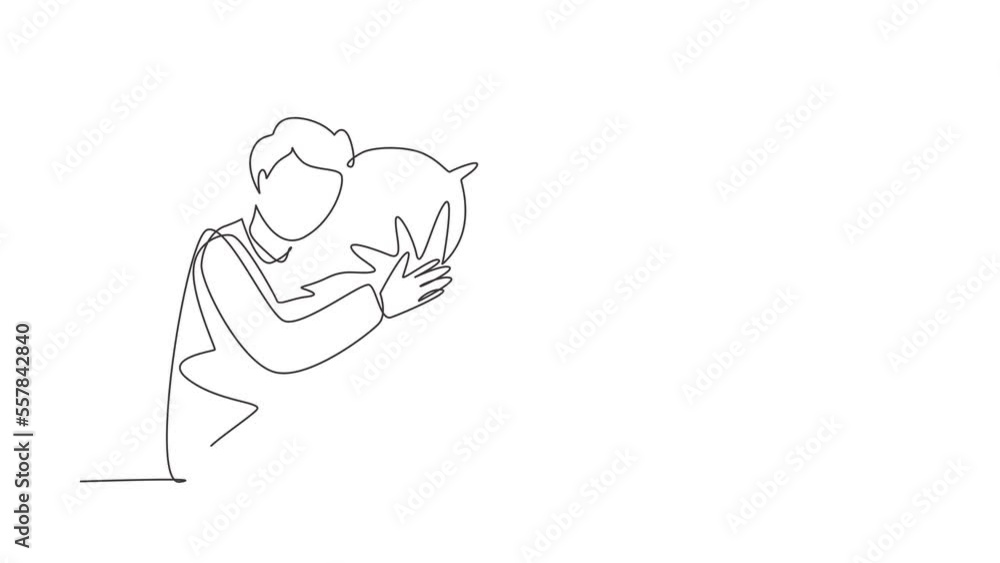 Poster animated self drawing of continuous line draw man sleeping and hugging pillow. sideways sleep positi