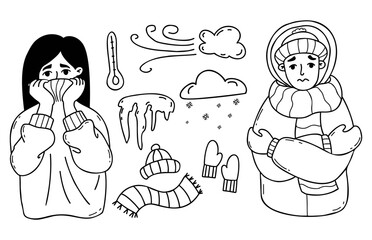 Winter frozen people. woman and man wrap themselves wrapped and shivering. Collection winter items icicles, winter clouds with snow and knitted things. Vector isolated linear hand drawings.