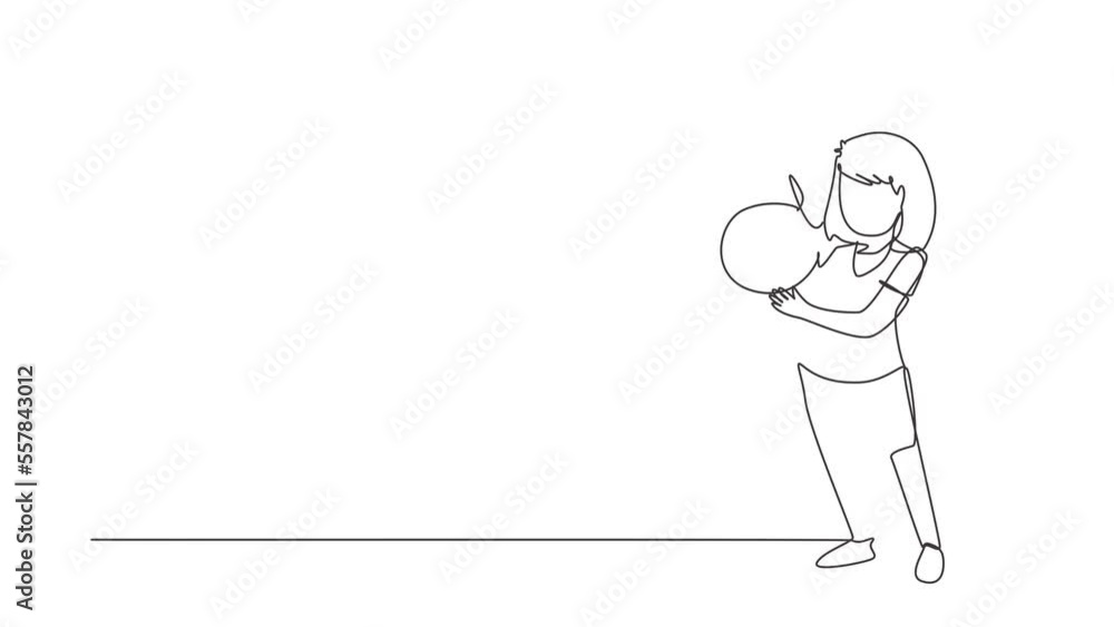 Poster animated self drawing of single continuous line draw portrait of smiling little girl hugging teddy b