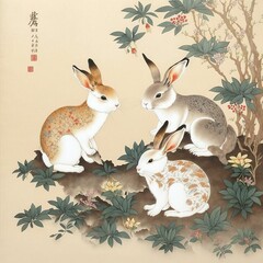 Chinese New Year, year of Rabbit in chinese painting style.