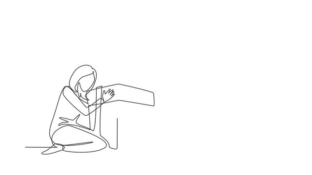 Self drawing animation of single line draw caucasian woman hugging huge birthday gift. Satisfied female sitting near wrapped birthday gift box with ribbon. Continuous line draw. Full length animated