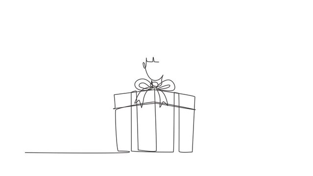 Animated self drawing of continuous line draw happy little girl holding big ribbon bow wrapped gift box in front of her in arms. Beautiful girl accept birthday gift. Full length single line animation