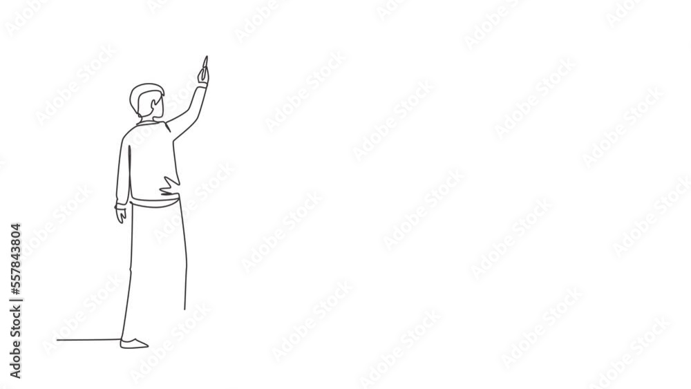 Poster animated self drawing of continuous line draw rear view of man writing formulas on classroom chalkbo