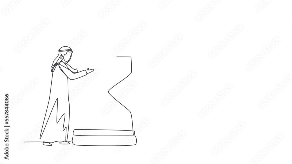 Poster animated self drawing of continuous line draw confident young arabian businessman hugging on huge ho