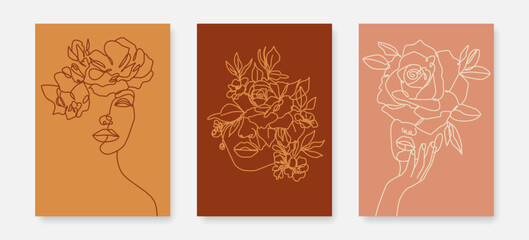 Modern Abstract Line Art Creative Floral Wall Art Set. Floral Artistic Backgrounds with Woman Face and Flowers Line Art Style for Wall Decor, Postcards or Covers, Prints, Posters. Vector Illustration.