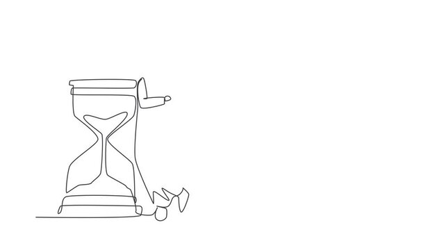 Animated self drawing of continuous line draw businessman lean on giant hourglass. Time is money financial investment concept. Time management conceptual metaphor. Full length single line animation