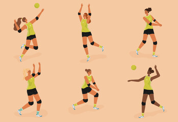 Volleyball female players in action vector set. Women volleyball athlete silhouette. Girl attack and serve the ball, jump, block pose