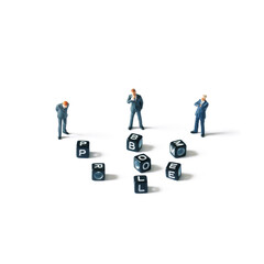 Problem in business world concept: Three businessman figurine looking at scattered cubes with problem word on white background.