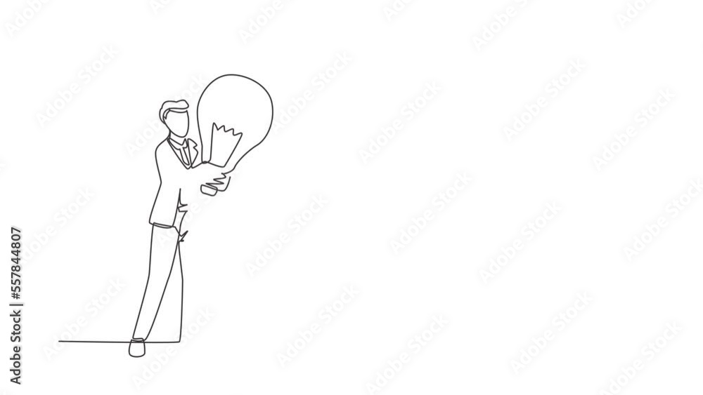 Poster self drawing animation of single line draw businessman holds light bulb as symbol of new idea. man i