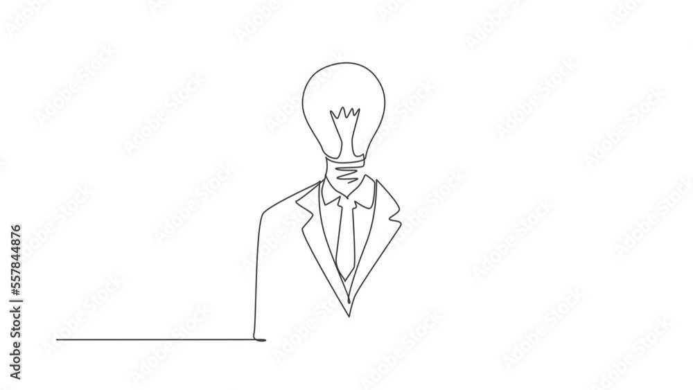 Poster self drawing animation of single line draw businessman with light bulb instead of head. business ide