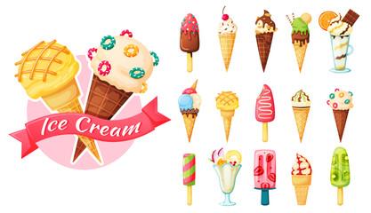 Cartoon ice cream of set with fruits or vanilla. Vector of cartoon dessert illustration, frozen and sweet, fruit cold sweet illustration collection