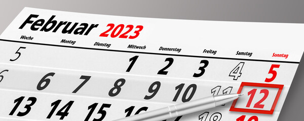Deutscher Kalender und Datum Sonntag, 12. Februar 2023 mit Kugelschreiber