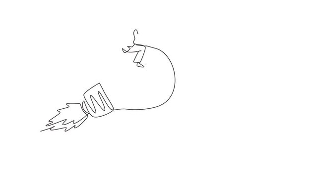 Animated self drawing of continuous line draw cute businesswoman riding flying bright lightbulb lamp with rocket. Innovation startup business to achieve success goal. Full length one line animation