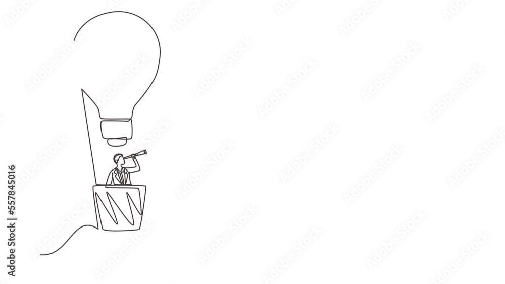 Aufkleber animated self drawing of continuous line draw businessman through telescope in air balloon-light bul