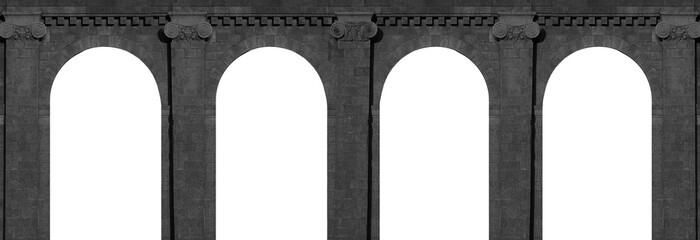 Columns and arch on white background. Ancient gothic stone wall with arches and columns. Weathered...