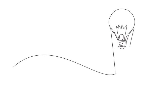 Animated self drawing of continuous line draw businesswoman through telescope in air balloon-light bulb. Woman in lightbulb balloon search to business idea ahead. Full length single line animation