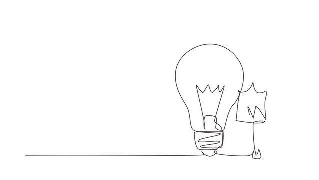 Self drawing animation of single line draw businesswoman leaning on giant lightbulb. Business people have ideas leaning against the lamp symbol is good idea. Continuous line draw. Full length animated