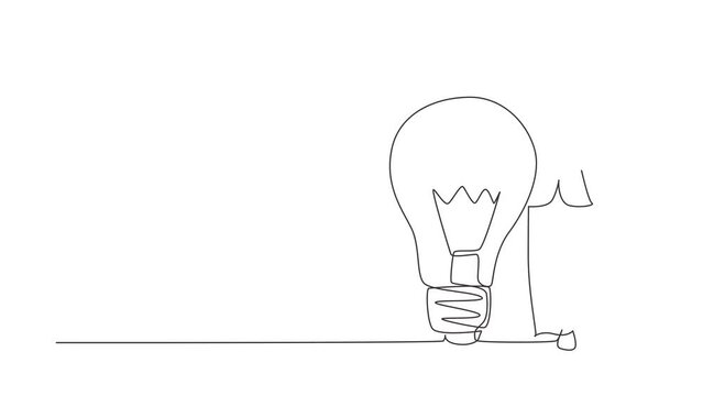 Self drawing animation of single line draw businesswoman leaning on giant lightbulb. Business people have ideas leaning against the lamp symbol is good idea. Continuous line draw. Full length animated