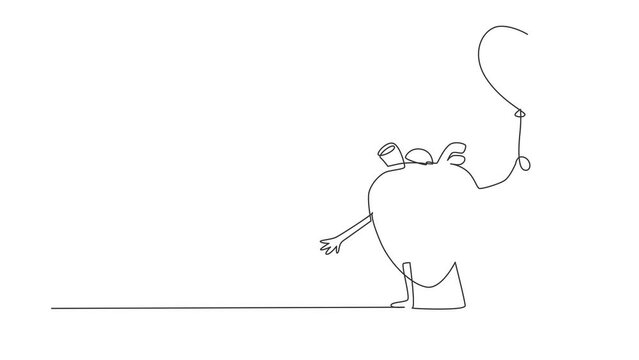 Animated self drawing of continuous line draw heart organ mascot holding balloon with love shape for party. Health of cardiovascular system. Power strength of heart. Full length single line animation