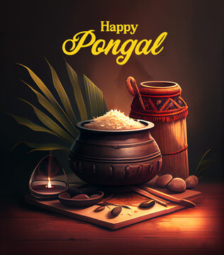 Illustration of Happy Pongal Holiday Harvest Festival of Tamil Nadu South India greeting background. Generating Ai.