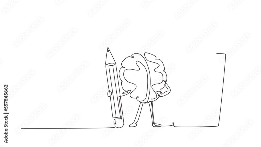 Poster animated self drawing of continuous line draw brainy student human brain cartoon character with penc