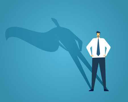 Businessman Standing With Superhero Shadow, Confident Man. Illustration Of Business Success And Superhero, Hero Standing Shadow, Strong Man Manager Vector Power And Strength