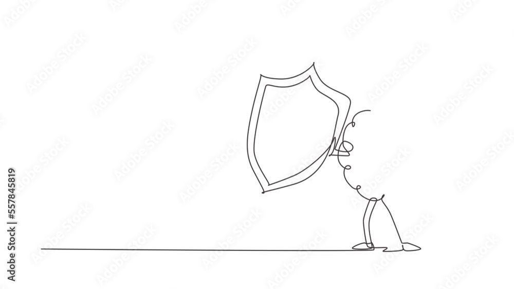 Poster animated self drawing of continuous line draw brain character holding shield for protection. protect