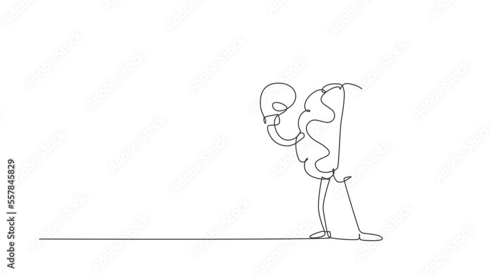 Poster animated self drawing of continuous one line draw brain with boxing gloves celebrating victory. conc