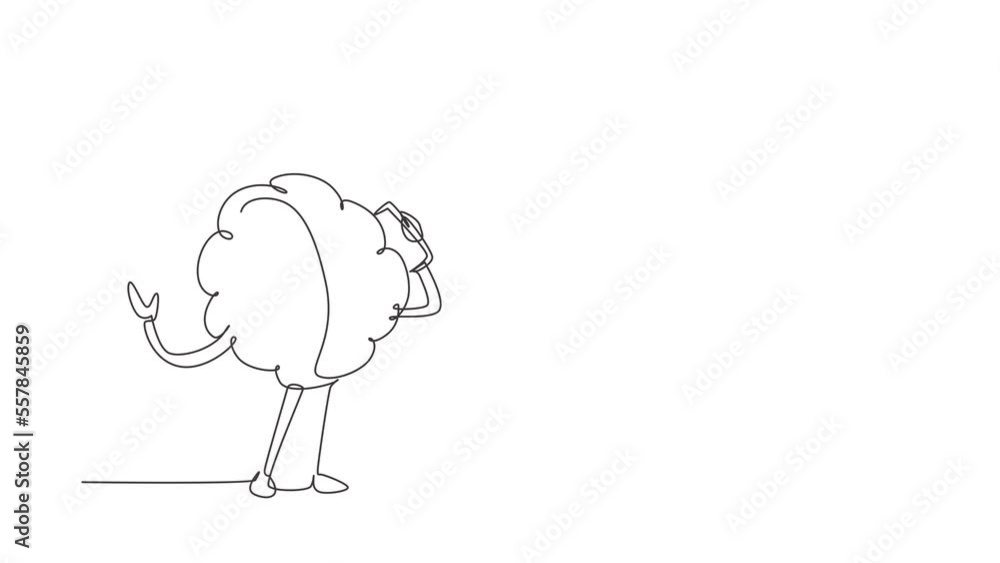 Poster animated self drawing of continuous line draw brain using smartphone talking cartoon person mobile p