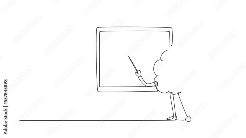 Poster animated self drawing of continuous one line draw smart brain mascot cartoon character teaching clas