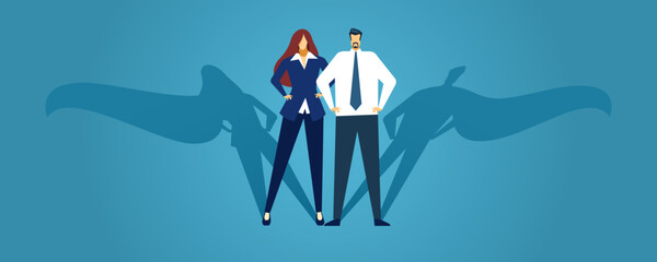 Man and woman with superhero shadows isolated. Vector of superhero woman hero, man with super power shadow illustration