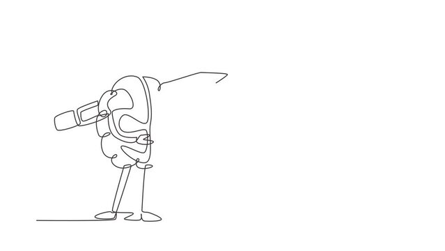 Animated self drawing of continuous line draw brainy human brain character with carrying pencil on shoulder. Storytelling logo. Training of writing skills concept. Full length single line animation