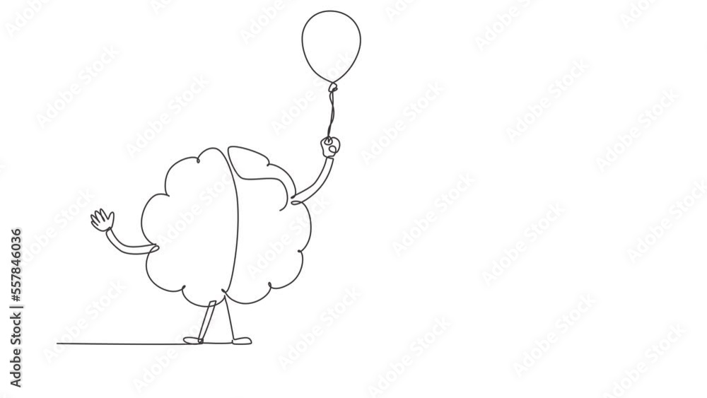 Poster animated self drawing of continuous line draw brain holding balloon. celebration party cartoon brain