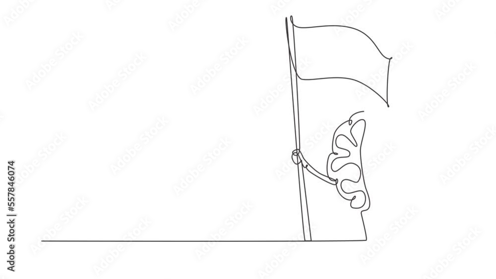 Poster self drawing animation of single line draw cartoon brain standing with flag, human nervous system or