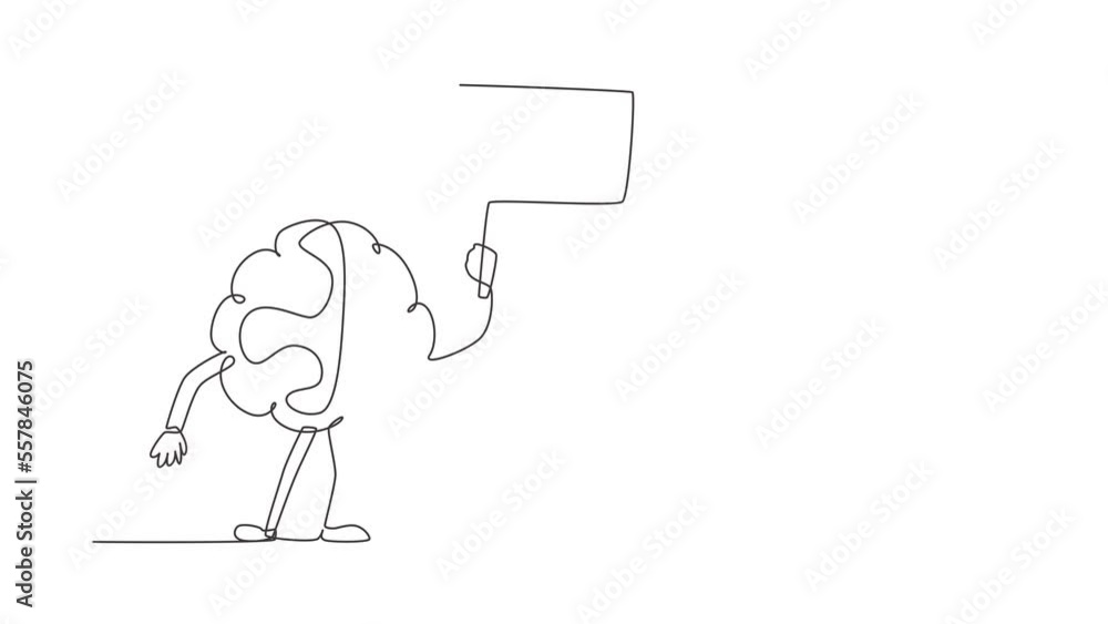 Poster animated self drawing of continuous line draw brain with sign template mascot character. cartoon bra