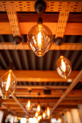 Decorative lamps on the ceiling in a cafe.