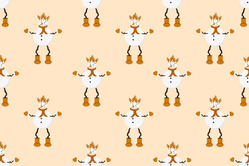 Obraz na płótnie Canvas Seamless pattern with snowman on long legs made of branches in felt boots, gloves, scarf with autumn leaf hair on orange background. Website banner. Wallpaper and bed linen print.