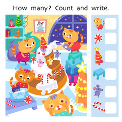 Fototapeta premium How many. Count and write. Puzzle game for children. Cute kittens making Christmas cake with mice. Cartoon cat characters in uniform. Colour vector illustration.