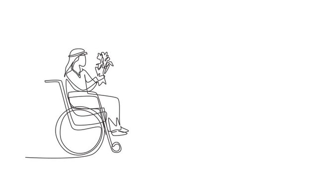 Animated self drawing of continuous line draw woman and disabled man in wheelchair. Male give bouquet of flower to female. Family support. Disability rehabilitation. Full length one line animation