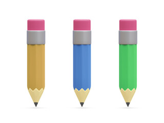 Set of 3d realistic pencil isolated on white background. Render pencil for education, writing or drawing concept. Vector illustration