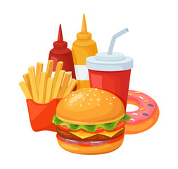 Fast food burger and french fries with soda. Illustration of hamburger and meal, lunch snack and burger sandwich, cheeseburger and fries vector