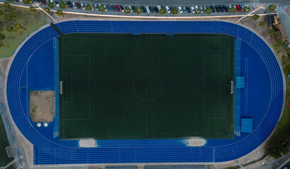 Aerial photography of a football stadium with an athletics track. Training ground. Speedway. Marathon.