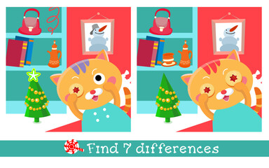 Fototapeta premium Find 7 hidden differences. Educational game for children. Cute kitten cook. Cartoon character. Color vector illustration.