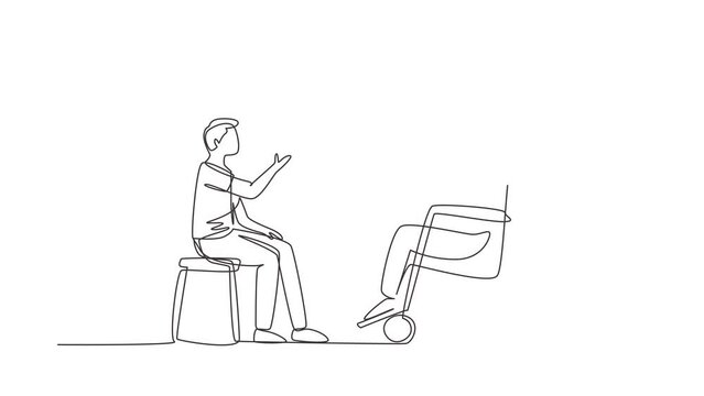 Animated self drawing of continuous line draw people sitting chatting, one using chair, one using wheelchair. Friendly man are talking to each other, disabled society. Full length one line animation