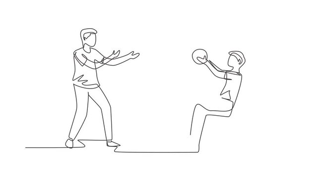 Animated self drawing of continuous line draw lifestyle of disabled people concept. Boy in wheelchair playing ball with male friend outdoors living active lifestyle. Full length one line animation