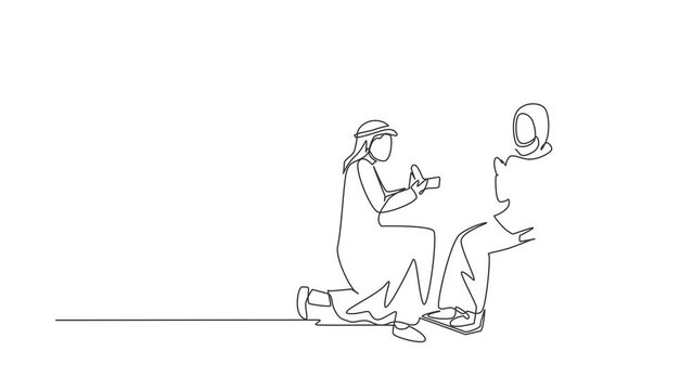 Animated self drawing of continuous line draw Arabian man stand on knee with engagement ring in hands in front of disabled woman sitting on wheelchair, loving relations. Full length one line animation