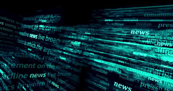 News headline news across international media with information overload and anxiety. Abstract concept of news titles on noise displays loop. TV glitch effect seamless and looped.